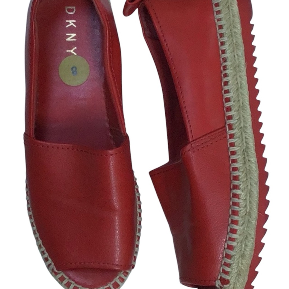 DKNY Logo Red Leather Espadrille Loafer Flat Open Toe Shoes Sz‎ 8
